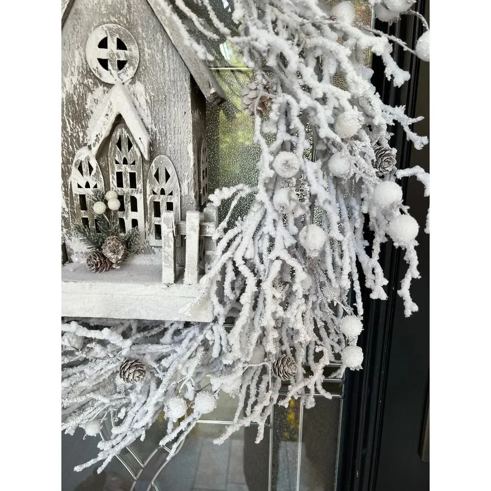 Winter Snow Twig Wreath With Lighted Wooden Church